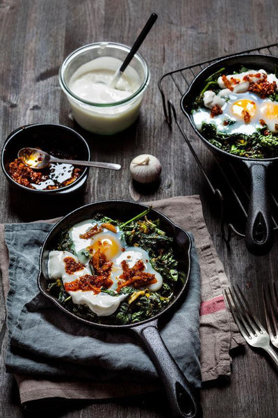 Breakfast in Bed Threads: Green Shakshuka with Poached Eggs, Chilli Butter and Spiced Yoghurt