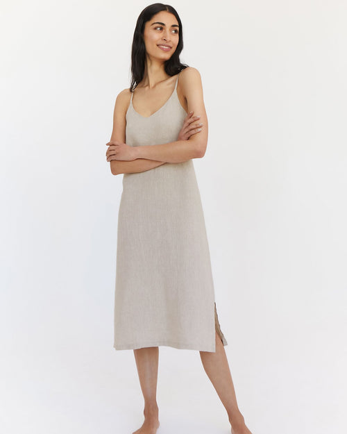 Oatmeal 100% French Flax Linen Midi Dress