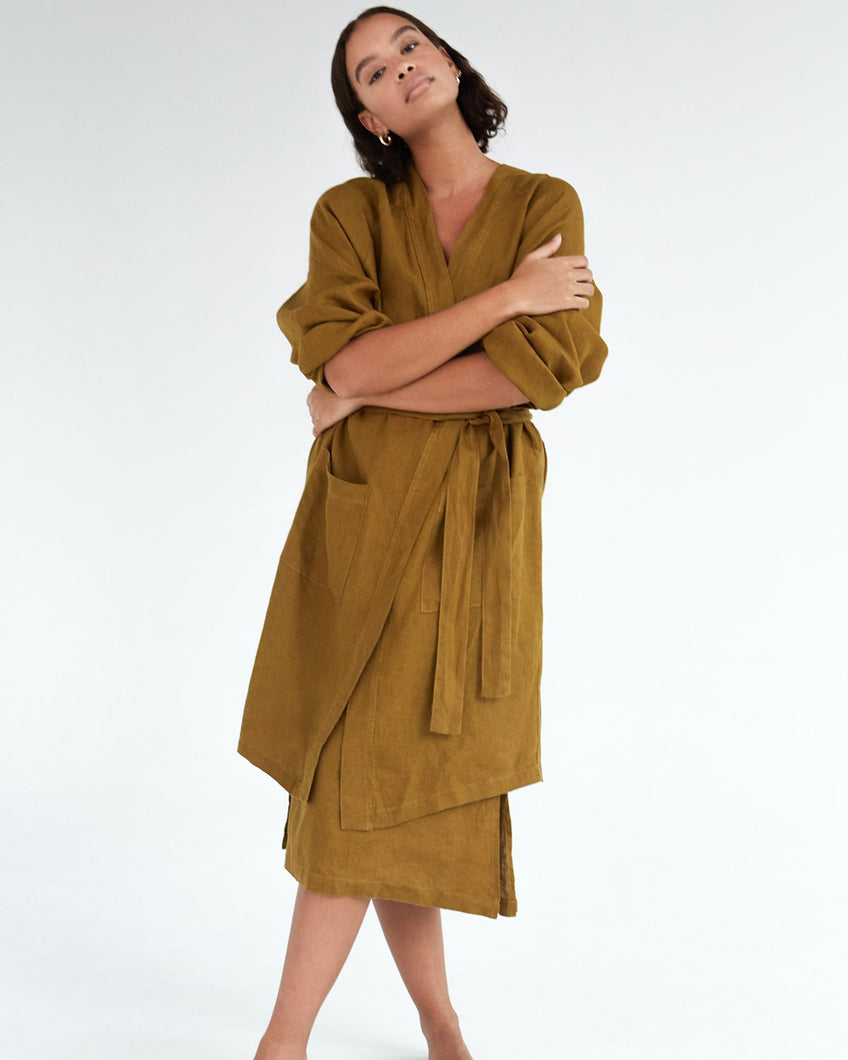 Khaki 100% French Flax Linen Classic Robe