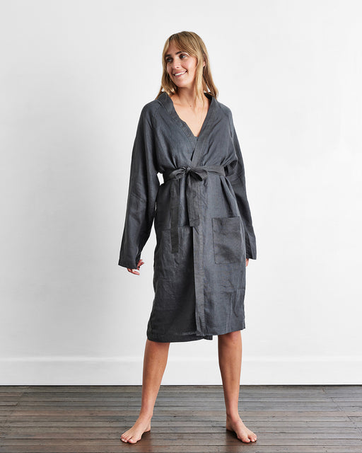 Charcoal 100% French Flax Linen Classic Robe
