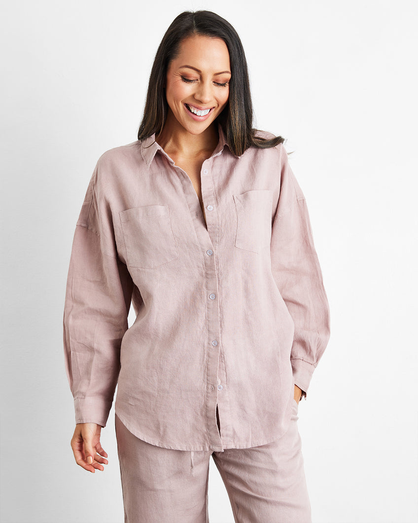 Lavender 100% French Flax Linen Long Sleeve Shirt