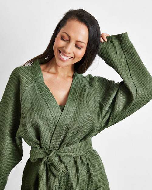 Olive 100% French Flax Linen Waffle Robe