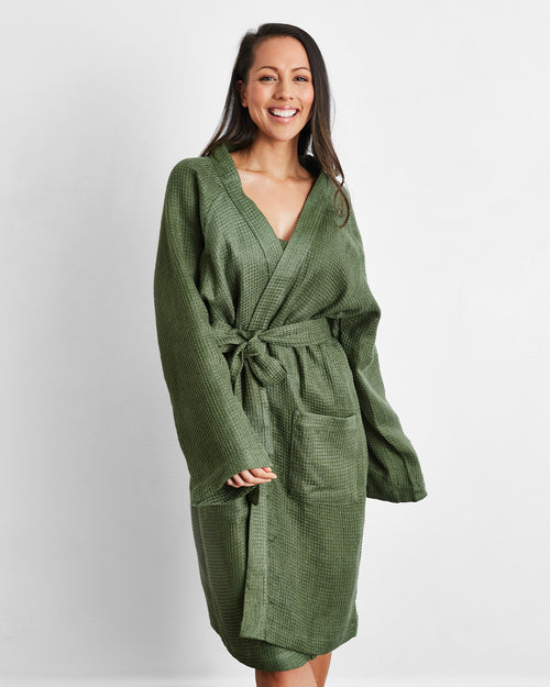 Olive 100% French Flax Linen Waffle Robe