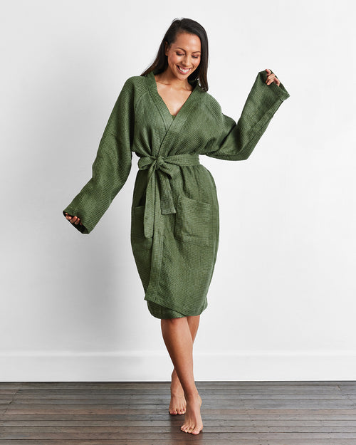 Olive 100% French Flax Linen Waffle Robe