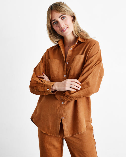 Rust 100% French Flax Linen Long Sleeve Shirt