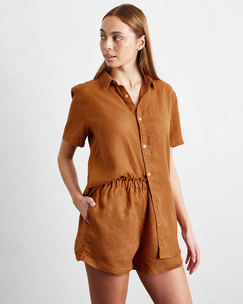 Rust 100% French Flax Linen Short Sleeve Top