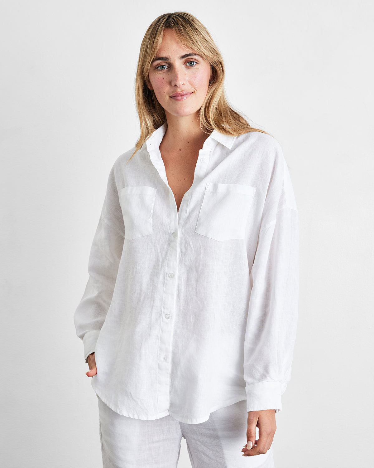 White 100% French Flax Linen Long Sleeve Shirt